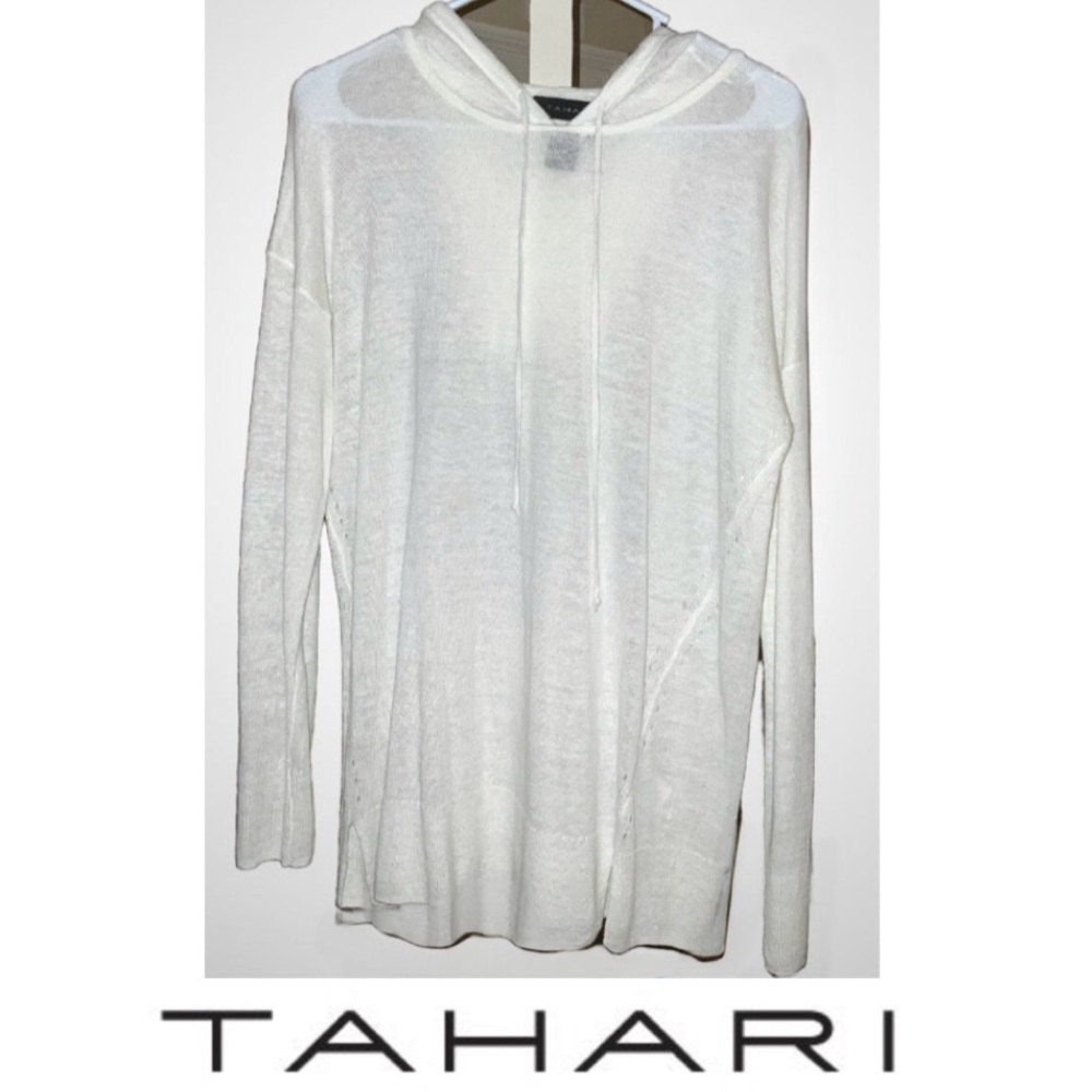 Tahari 100% Linen Lightweight White Hooded Pullover